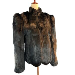 Vintage 80s COVER STORY Black Rabbit Fur Coat 2 Pockets Shoulder Pads Hook/Eye M